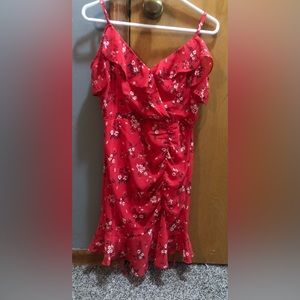 By & By Red Floral V Neck Faux Wrap Short Sleeve Lined Ruffle Dress S